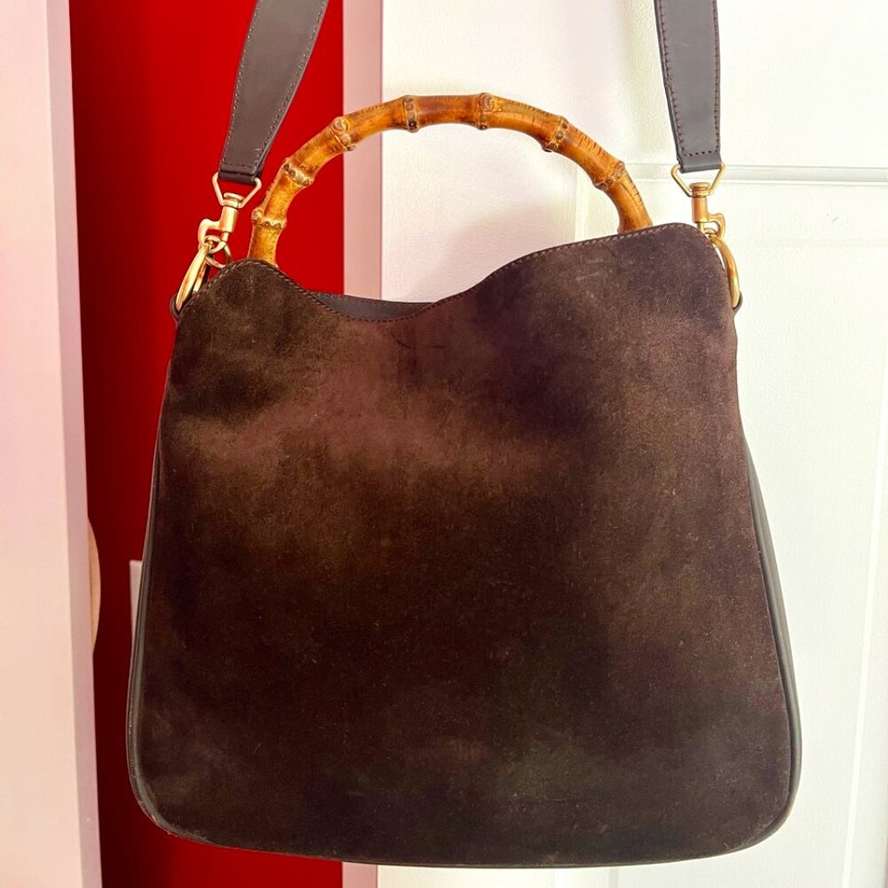 Vintage Suede Gucci Bag with Bamboo Handle and Detachable Long Strap